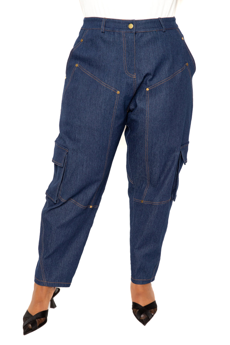 Buxom Couture Curvy Plus Size Denim Carpenter Jogger Pants