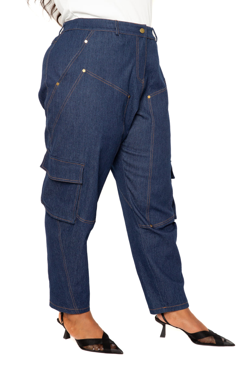 Buxom Couture Curvy Plus Size Denim Carpenter Jogger Pants