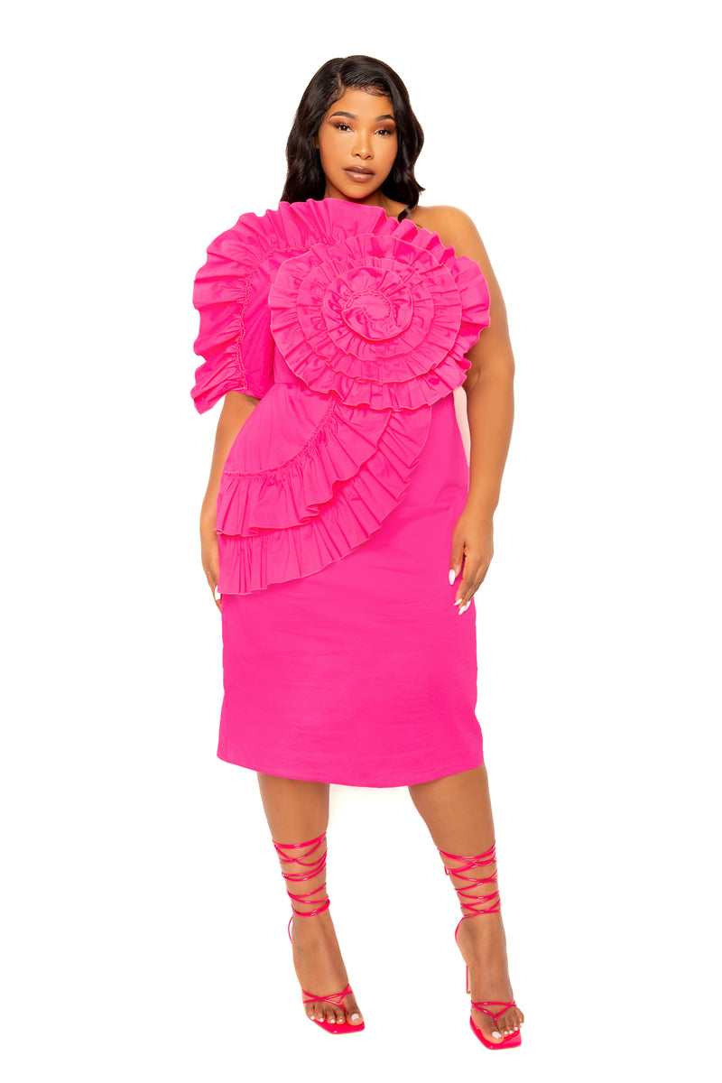 Buxom Couture Curvy Women Plus Size Flower Motif One Shoulder Dress Pink