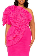 Buxom Couture Curvy Women Plus Size Flower Motif One Shoulder Dress Pink