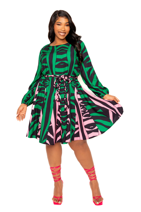 Buxom Couture Curvy Women Plus Size Contrast Print Flare Mini Dress Green Pink Multi