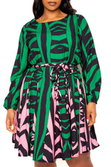 Buxom Couture Curvy Women Plus Size Contrast Print Flare Mini Dress Green Pink Multi