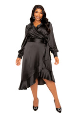 Buxom Couture Curvy Women Plus Size Satin Wrapped Dress Black