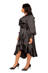 Buxom Couture Curvy Women Plus Size Satin Wrapped Dress Black
