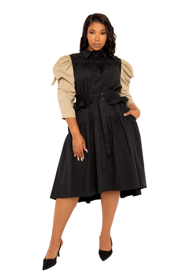 Buxom Couture Curvy Women Plus Size Contrasting Puffed Sleeve Dress Trench Beige Black