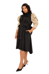 Buxom Couture Curvy Women Plus Size Contrasting Puffed Sleeve Dress Trench Beige Black