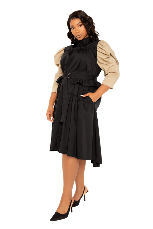 Buxom Couture Curvy Women Plus Size Contrasting Puffed Sleeve Dress Trench Beige Black