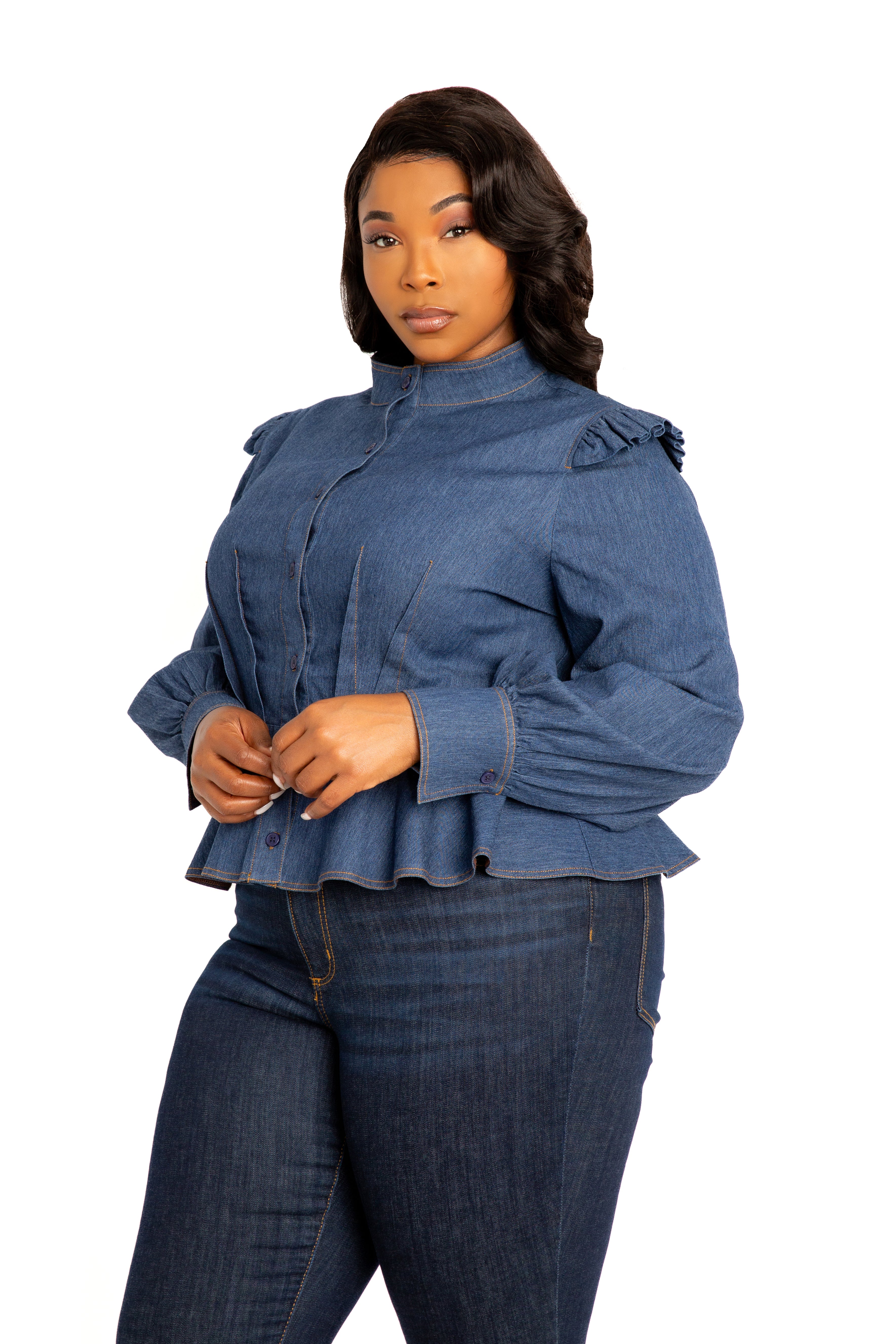 Buxom Couture Women's Denim Peplum Shirt - Blue