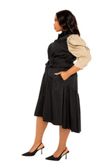 Buxom Couture Curvy Women Plus Size Contrasting Puffed Sleeve Dress Trench Beige Black