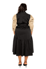 Buxom Couture Curvy Women Plus Size Contrasting Puffed Sleeve Dress Trench Beige Black