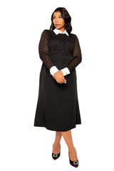 Buxom Couture Curvy Women Plus Size Lace Midi Dress with Detachable Collar and Cuffs Black
