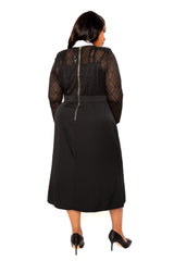 Buxom Couture Curvy Women Plus Size Lace Midi Dress with Detachable Collar and Cuffs Black