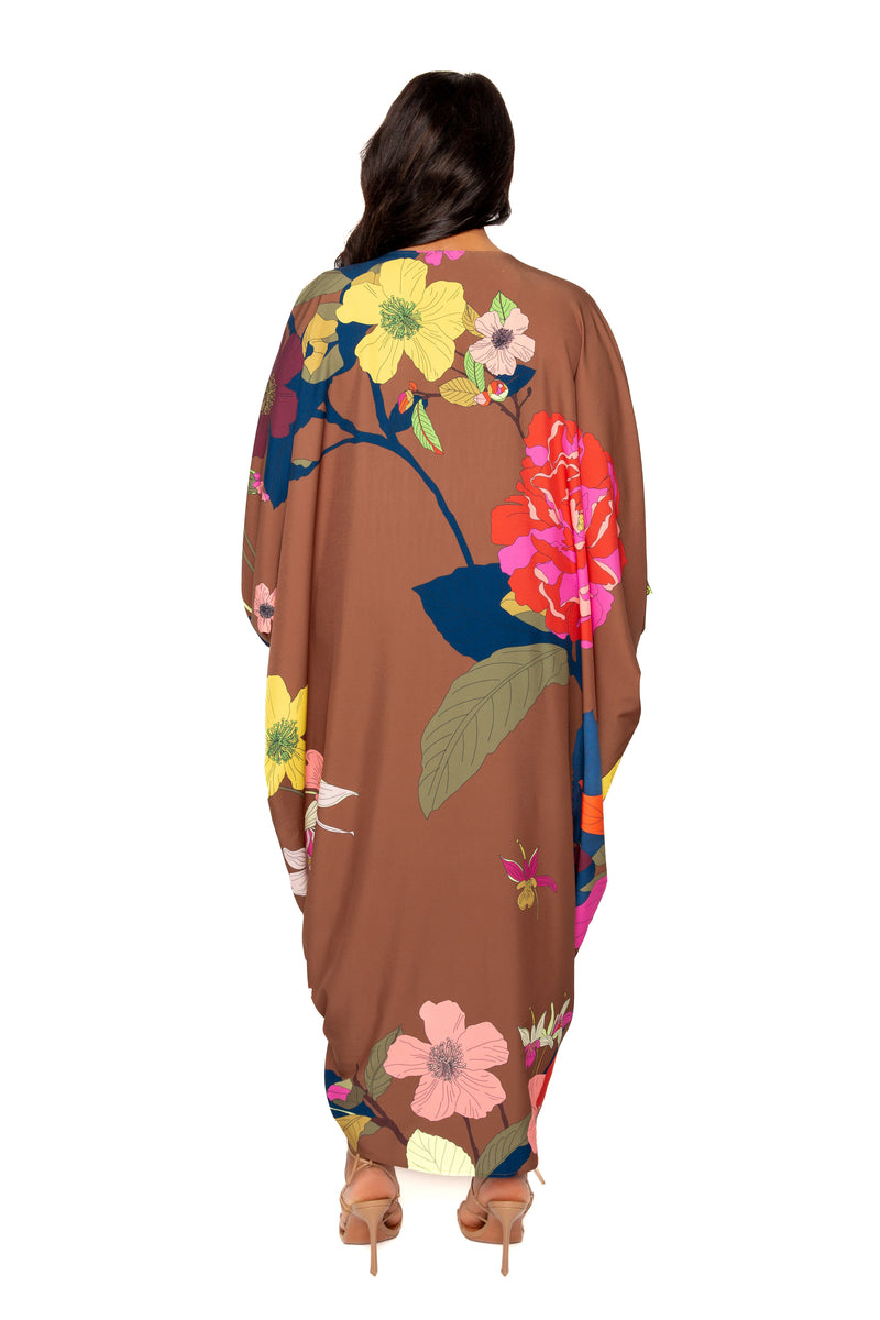 Buxom Couture Curvy Women Plus Size Printed Cinch Waist Kaftan Dress Brown Floral