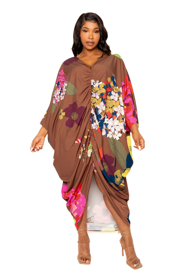 Buxom Couture Curvy Women Plus Size Printed Cinch Waist Kaftan Dress Brown Floral