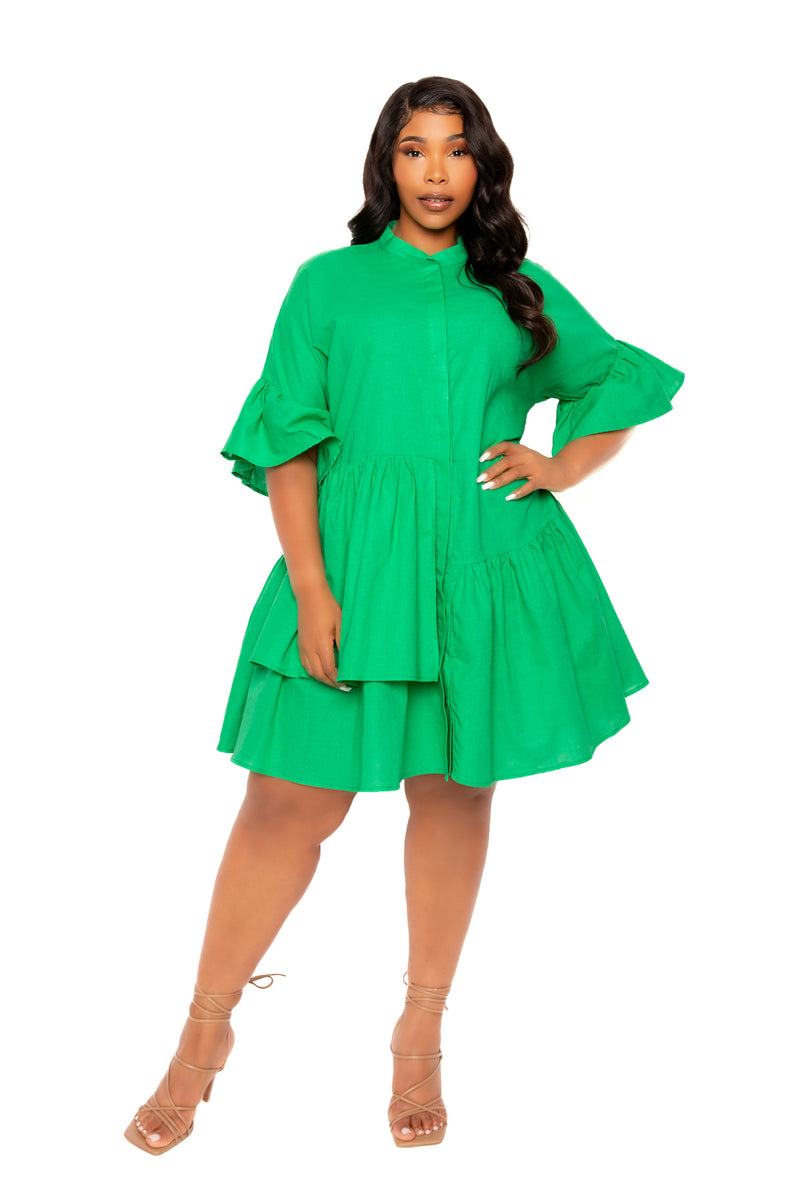 Buxom Couture Curvy Women Plus Size Linen Flutter Mini Dress Green