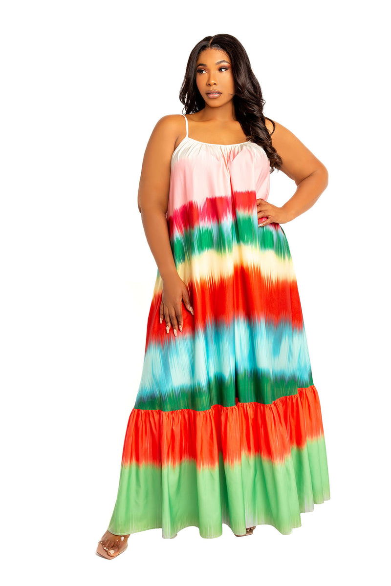 Buxom Couture Curvy Women Plus Size Ombre Stripe Voluminous Maxi Dress Multi