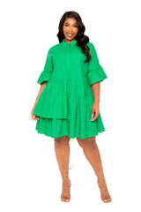 Buxom Couture Curvy Women Plus Size Linen Flutter Mini Dress Green