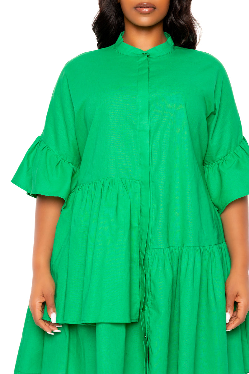 Buxom Couture Curvy Women Plus Size Linen Flutter Mini Dress Green