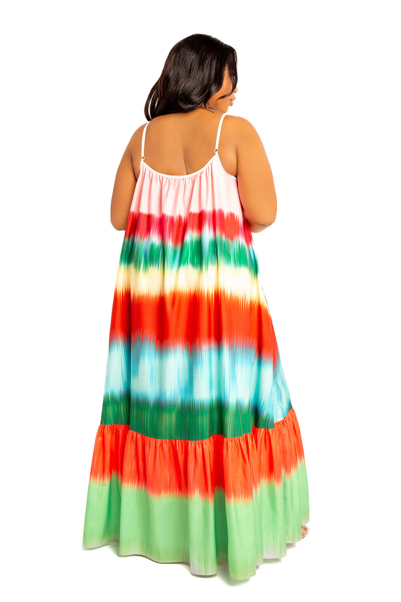 Buxom Couture Curvy Women Plus Size Ombre Stripe Voluminous Maxi Dress Multi