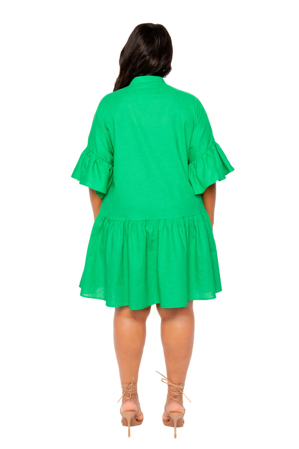 Buxom Couture Curvy Women Plus Size Linen Flutter Mini Dress Green