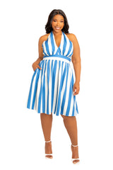 Buxom Couture Curvy Women Plus Size Stripe Halter Neck Mini Dress Blue Stripe