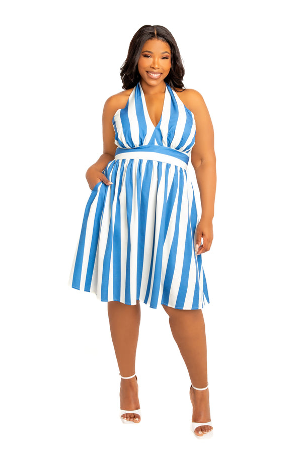 Buxom Couture Curvy Women Plus Size Stripe Halter Neck Mini Dress Blue Stripe