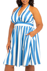 Buxom Couture Curvy Women Plus Size Stripe Halter Neck Mini Dress Blue Stripe