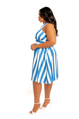 Buxom Couture Curvy Women Plus Size Stripe Halter Neck Mini Dress Blue Stripe