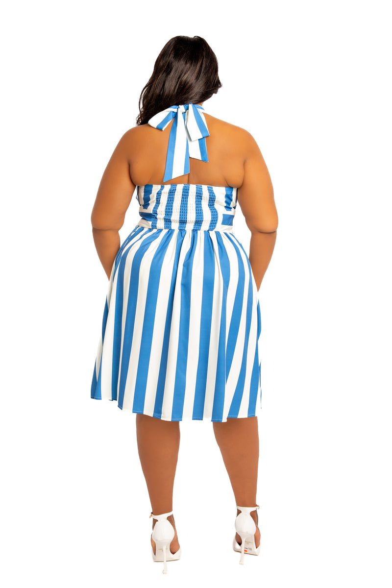 Buxom Couture Curvy Women Plus Size Stripe Halter Neck Mini Dress Blue Stripe