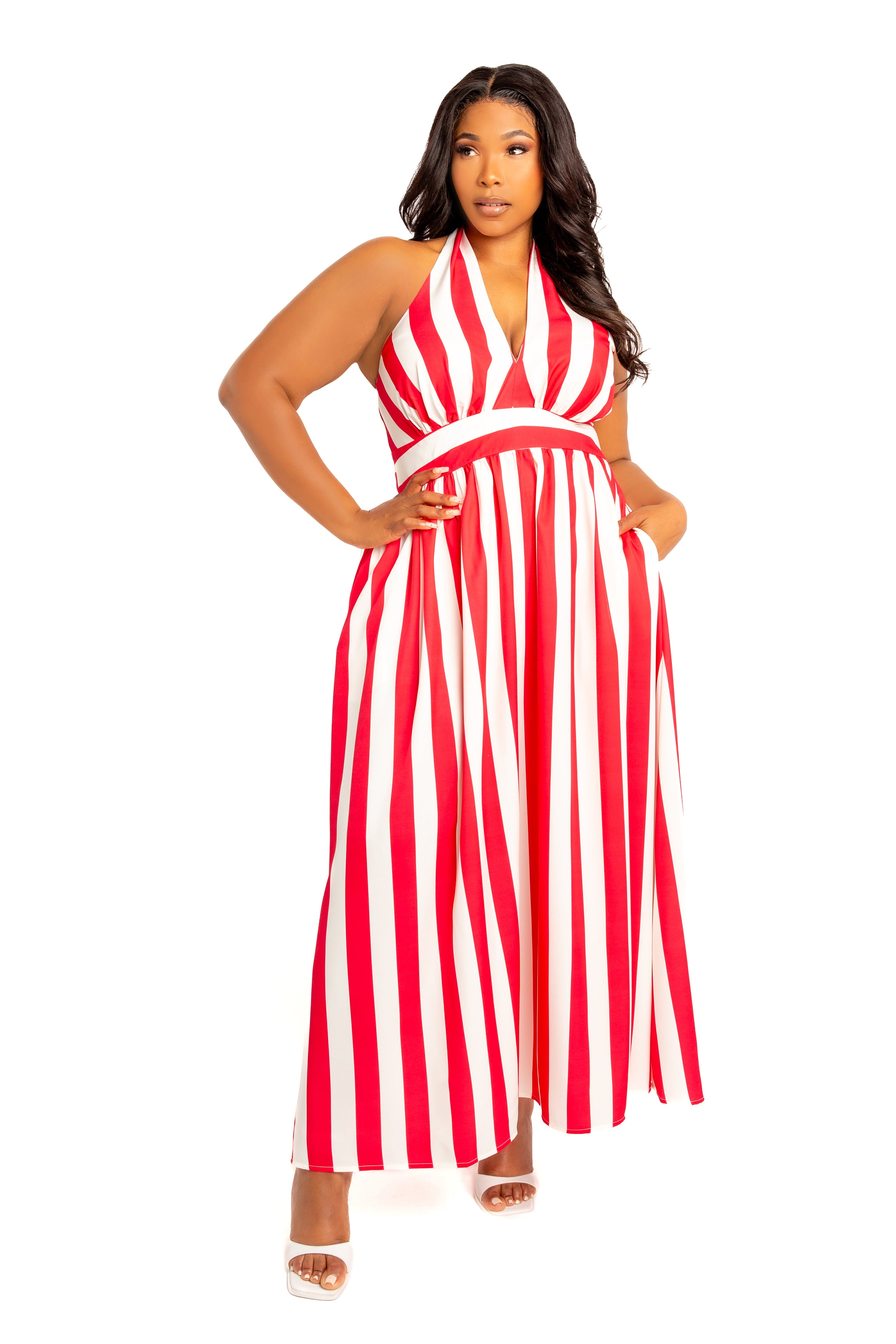 busty maxi dress Buxom Couture Plus Size Stripe Halter Neck Maxi Dress