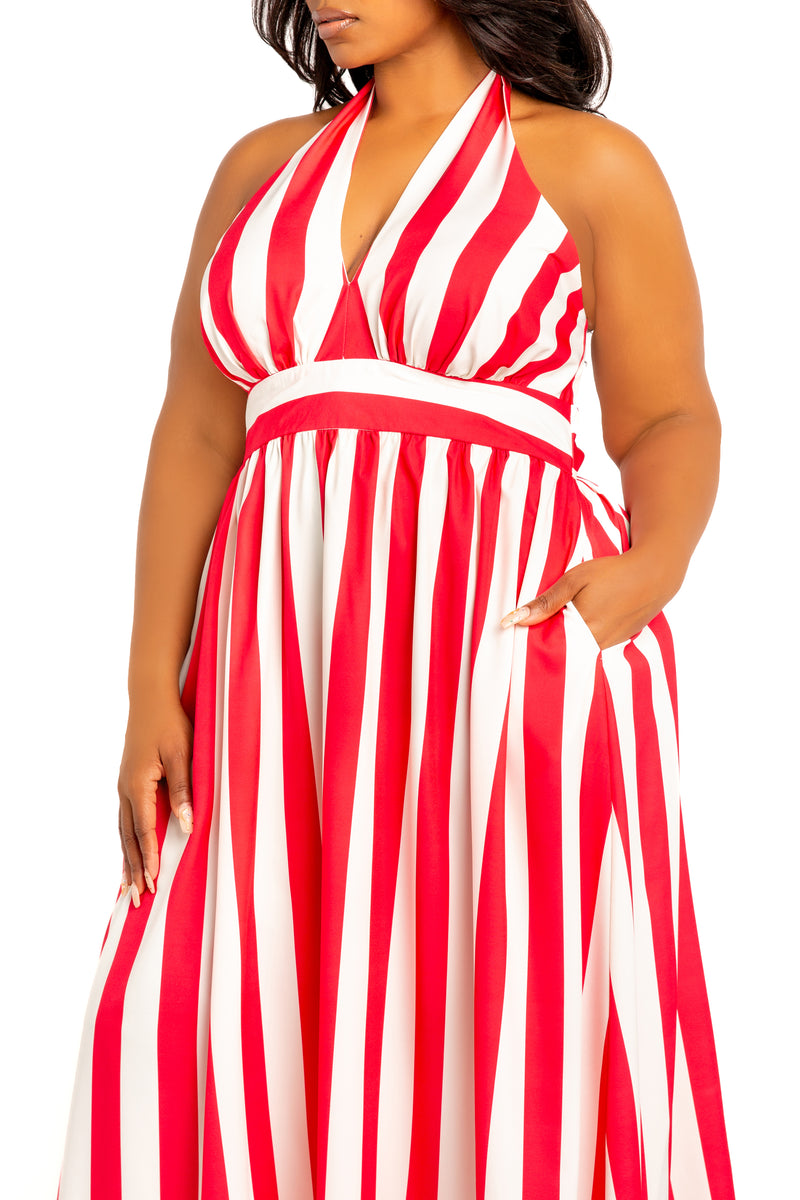 Buxom Couture Curvy Women Plus Size Stripe Halter Neck Maxi Dress Red Stripe