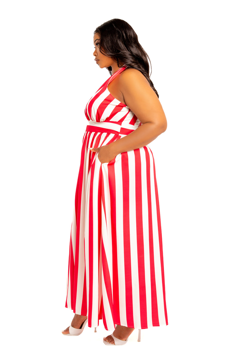 Buxom Couture Curvy Women Plus Size Stripe Halter Neck Maxi Dress Red Stripe