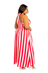 Buxom Couture Curvy Women Plus Size Stripe Halter Neck Maxi Dress Red Stripe