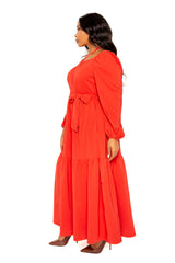 Buxom Couture Curvy Women Plus Size O-Ring Halter Neck Long Sleeve Maxi Dress Rust