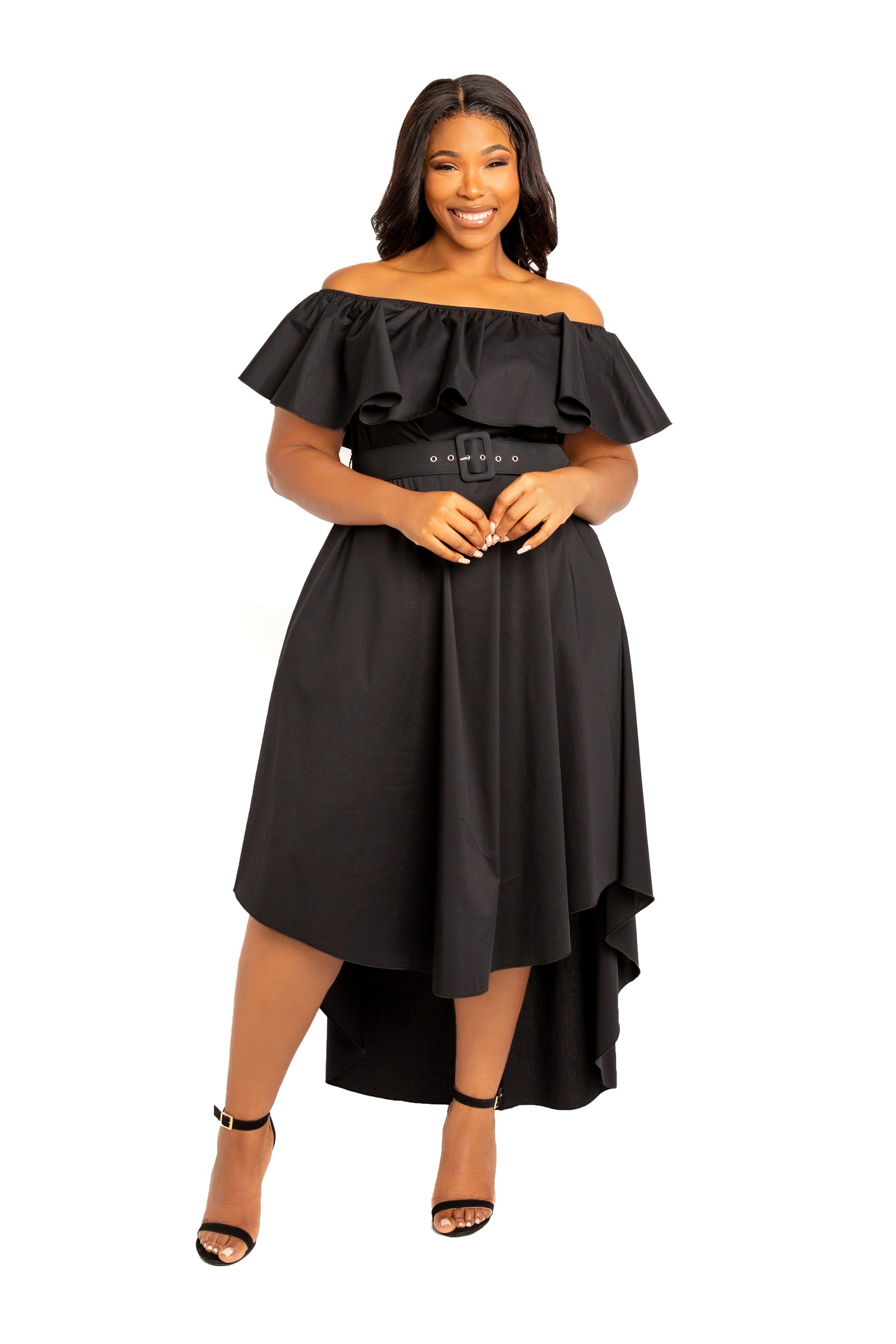 Off Shoulder Flounce High Low Dress Buxom Couture Off Shoulder Flounce High Low Dress Buxom Couture
