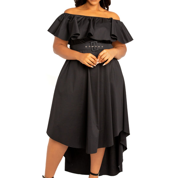 Off Shoulder Flounce High Low Dress Buxom Couture Off Shoulder Flounce High Low Dress Buxom Couture