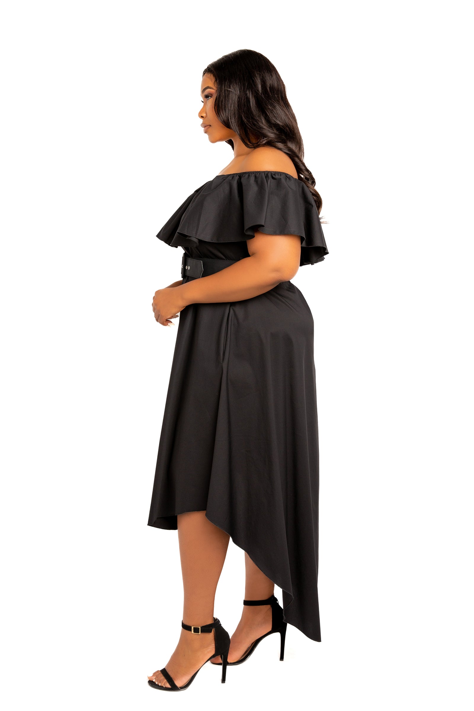 black off shoulder high low dress Off Shoulder Flounce High Low Dress – Buxom Couture