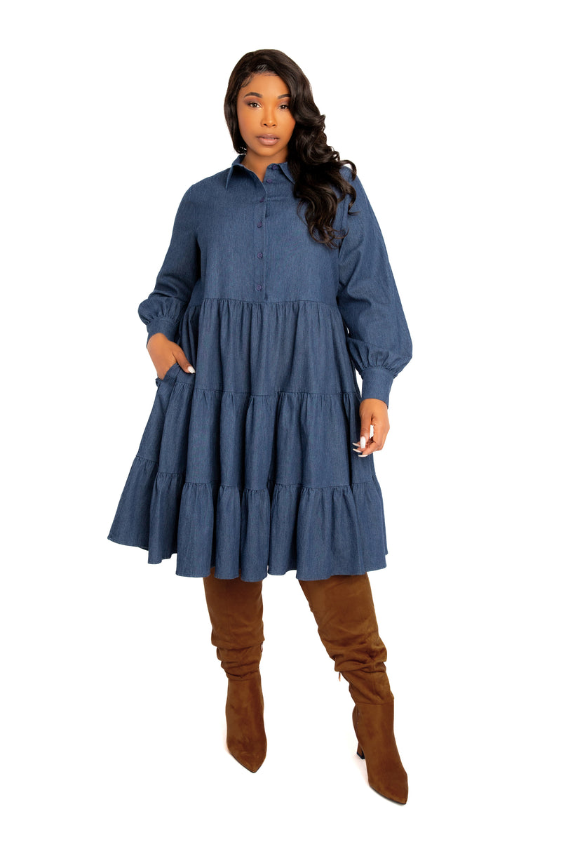 Buxom Couture Plus Size Denim Long Sleeve Tiered Shirt Dress