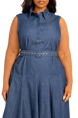 Buxom Couture Curvy Women Plus Size Sleeveless Denim Shirtdress with Contrasting Stitching Denim Blue