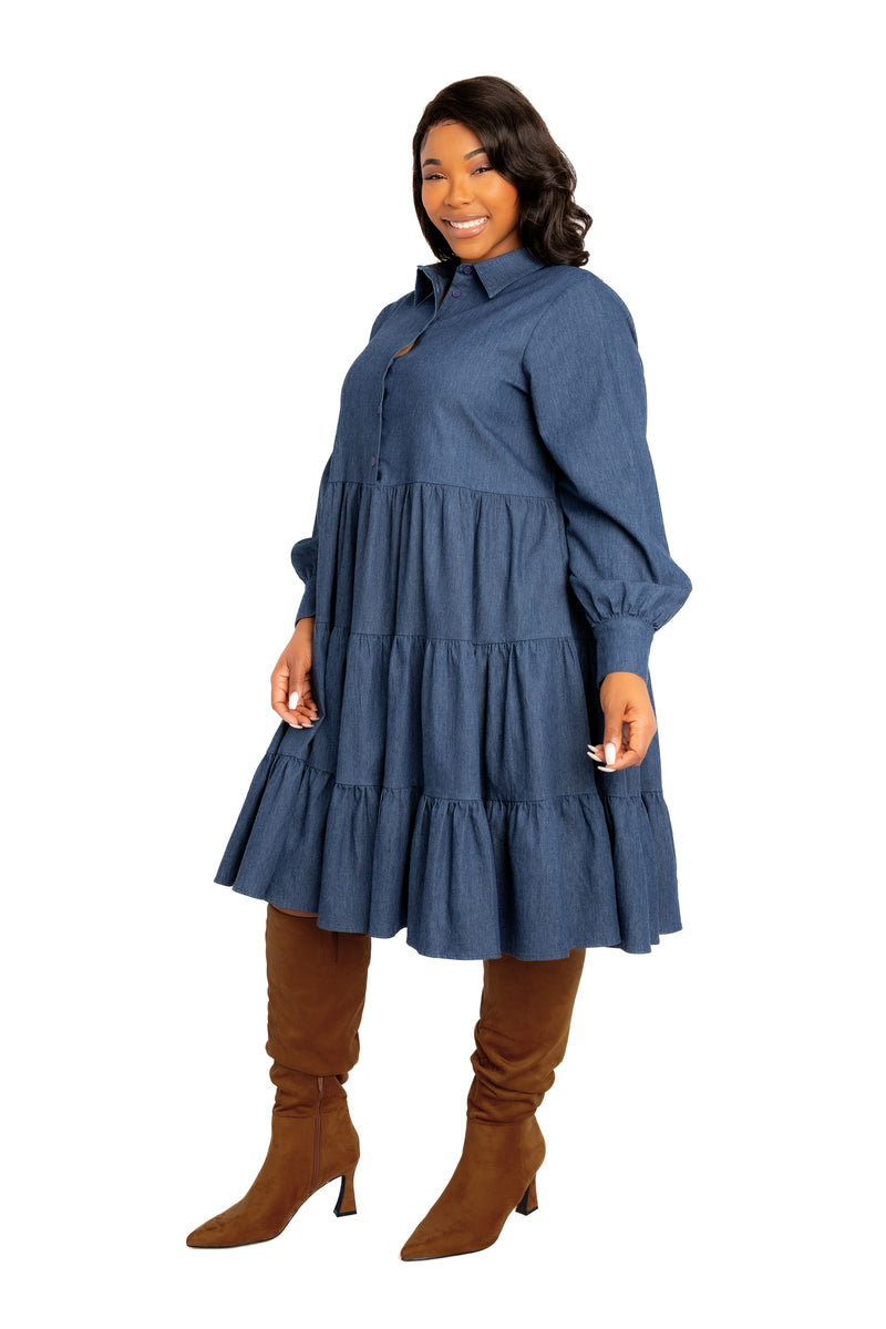 Buxom Couture Plus Size Denim Long Sleeve Tiered Shirt Dress