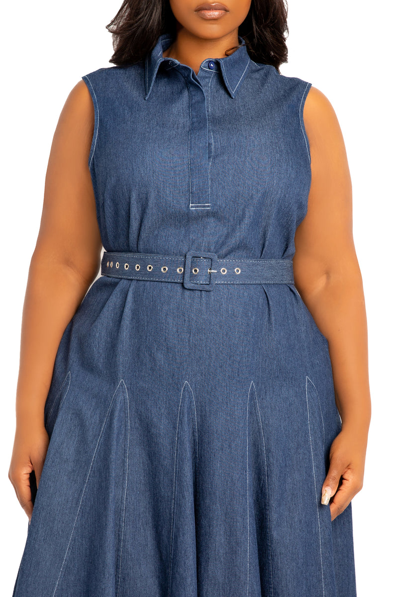 Buxom Couture Curvy Women Plus Size Sleeveless Denim Shirtdress with Contrasting Stitching Denim Blue