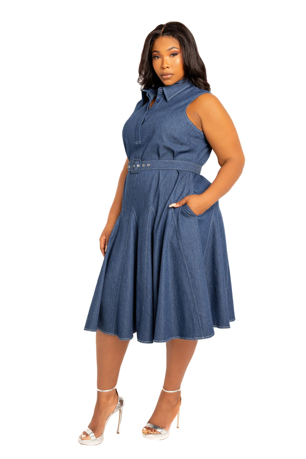 Buxom Couture Curvy Women Plus Size Sleeveless Denim Shirtdress with Contrasting Stitching Denim Blue