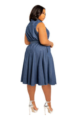 Buxom Couture Curvy Women Plus Size Sleeveless Denim Shirtdress with Contrasting Stitching Denim Blue