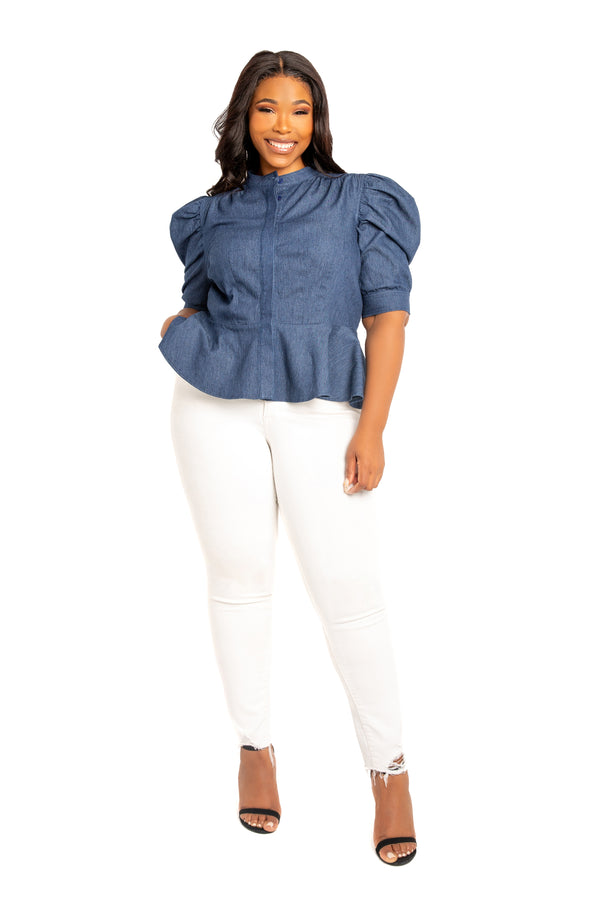 Buxom Couture Curvy Women Plus Size Ruched Sleeve Denim Peplum Blouse