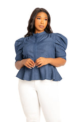 Buxom Couture Curvy Women Plus Size Ruched Sleeve Denim Peplum Blouse