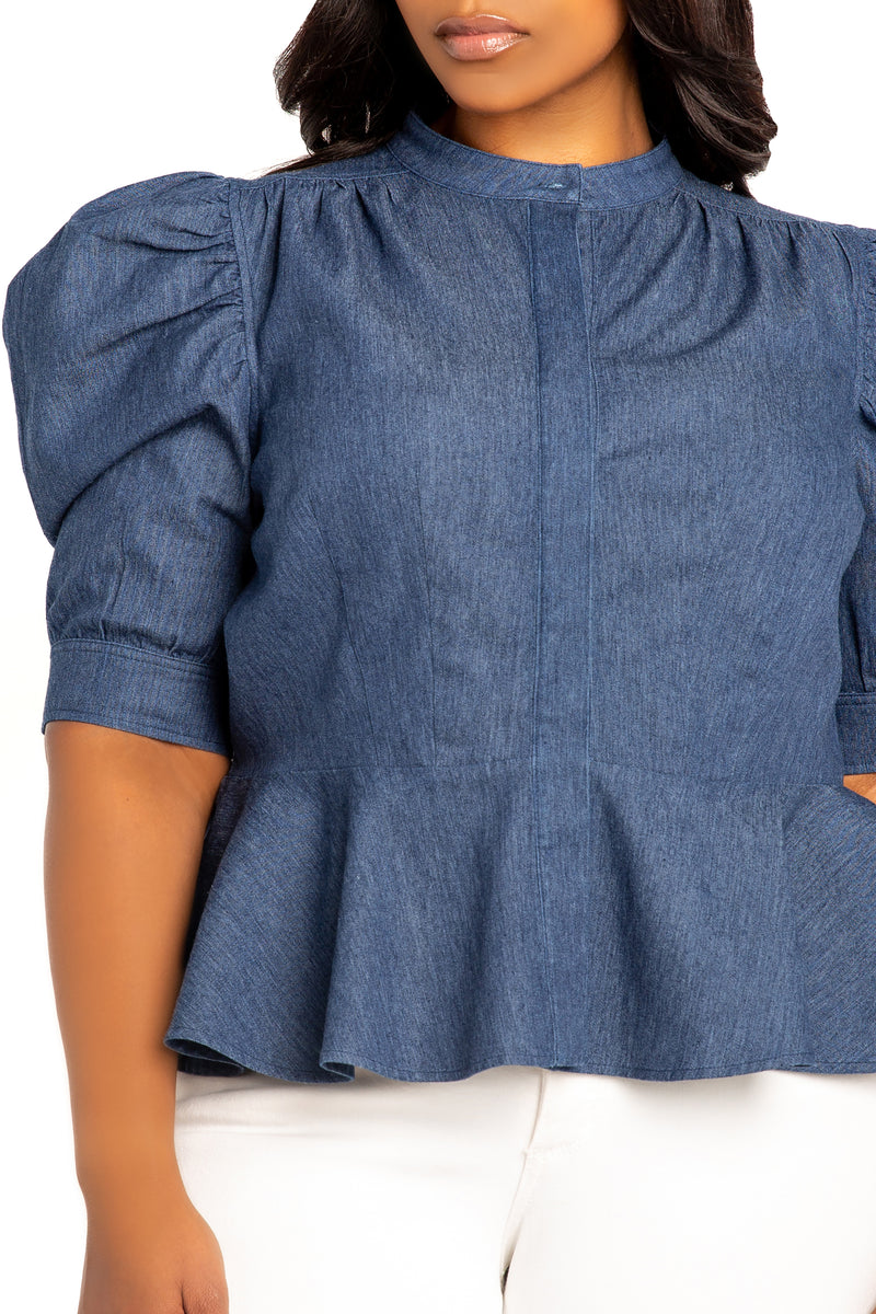 Buxom Couture Curvy Women Plus Size Ruched Sleeve Denim Peplum Blouse