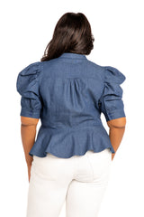 Buxom Couture Curvy Women Plus Size Ruched Sleeve Denim Peplum Blouse