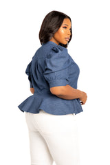 Buxom Couture Curvy Women Plus Size Ruched Sleeve Denim Peplum Blouse