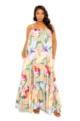 Buxom Couture Curvy Women Plus Size Floral Voluminous Maxi Dress Beige Floral