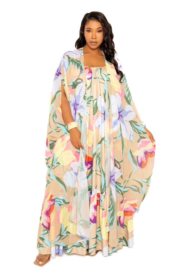 Buxom Couture Curvy Women Plus Size Floral Voluminous Maxi Dress Beige Floral